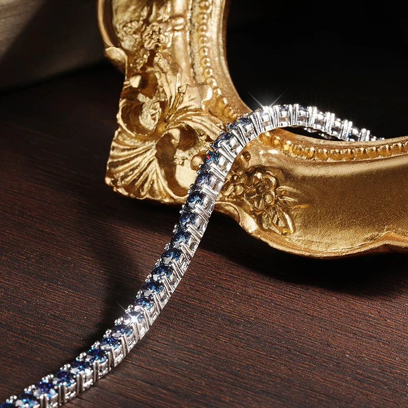 Blue Moissanite Tennis Bracelet - 18K Gold Pleated, GRA Certified