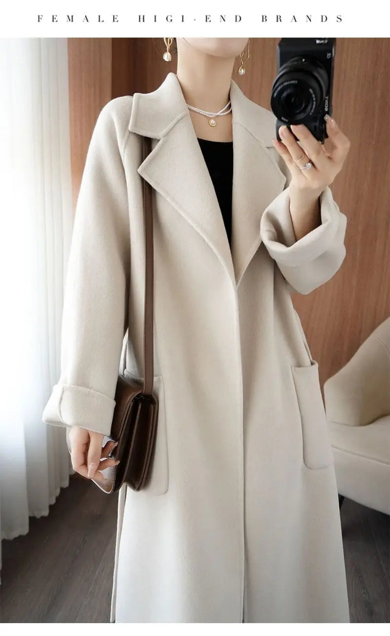 100% Cashmere-Wool Blend Belted Long Overcoat