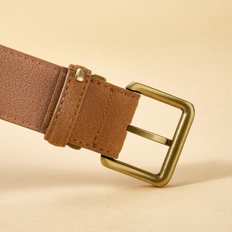 100% Suede Leather Belt for Women & Men with Gold Buckle
