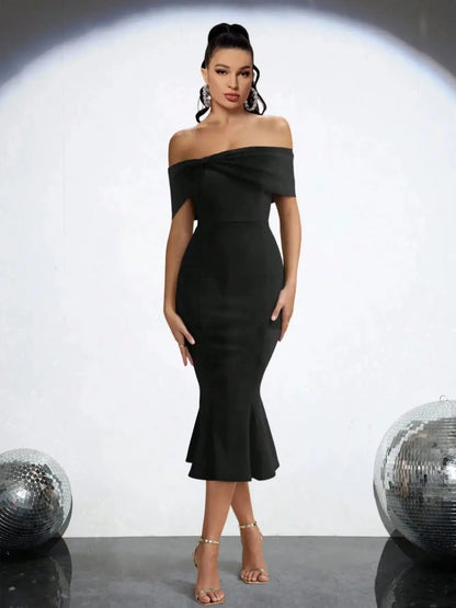 Off Shoulder Midi Mermaid Black Bandage Dress