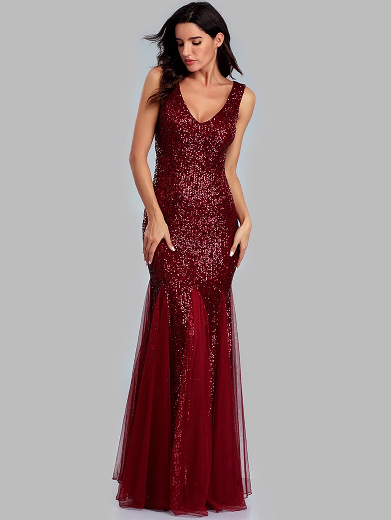 Sleeveless V Neckline Sequin Evening Dress