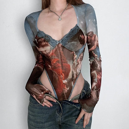 Long Sleeve Sweetheart Neckline Printed Mech Bodysuit