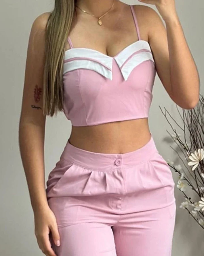 Spaghetti Straps Crop Top and Straight Leg Pants Set