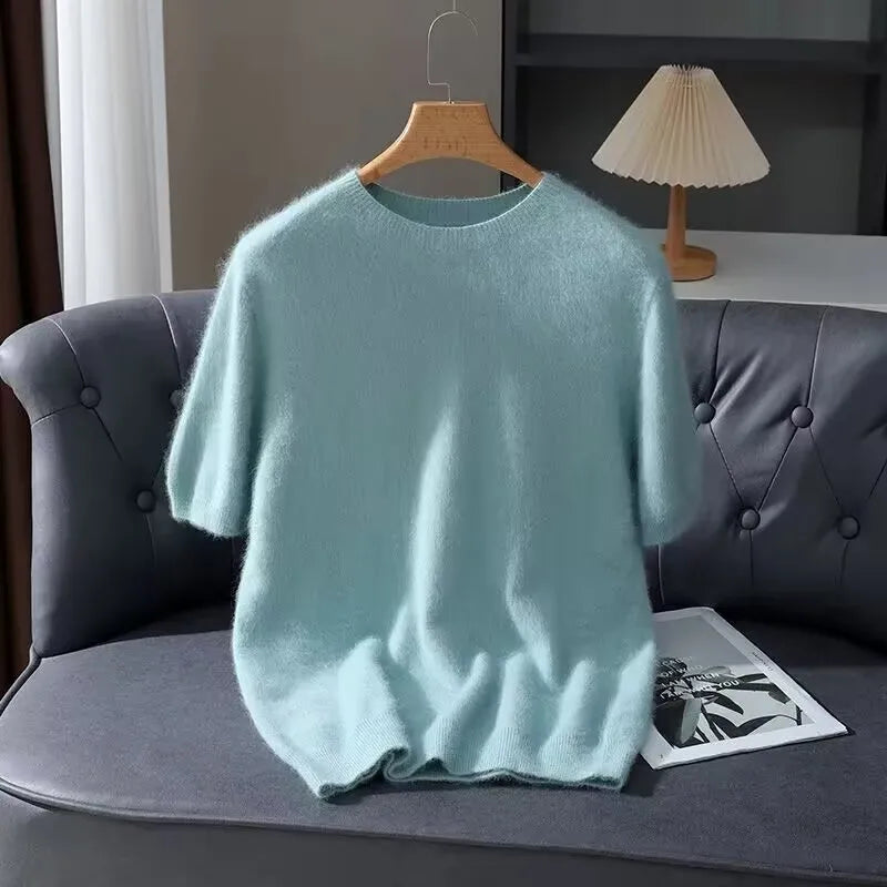 100% Mink Cashmere Round Neck Knitted T-Shirt Sweater