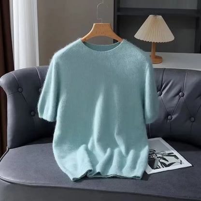100% Mink Cashmere Round Neck Knitted T-Shirt Sweater