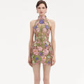 Floral Embroidery Halter Neckline Mini Dress