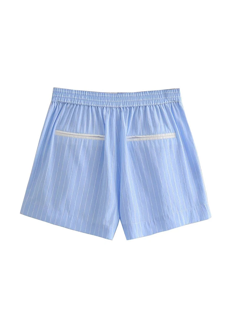 Sky Blue Striped Crop Shirt and Boxer Shorts Set