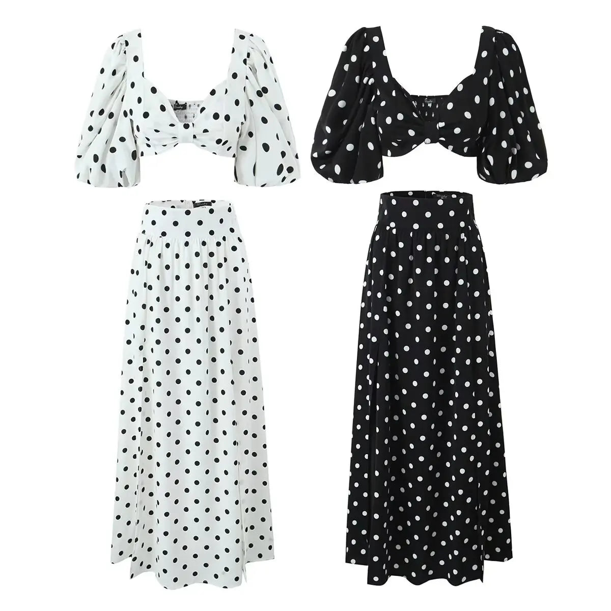 Polka Dots Cropped Top and Side Slits High Waist Skirt Set