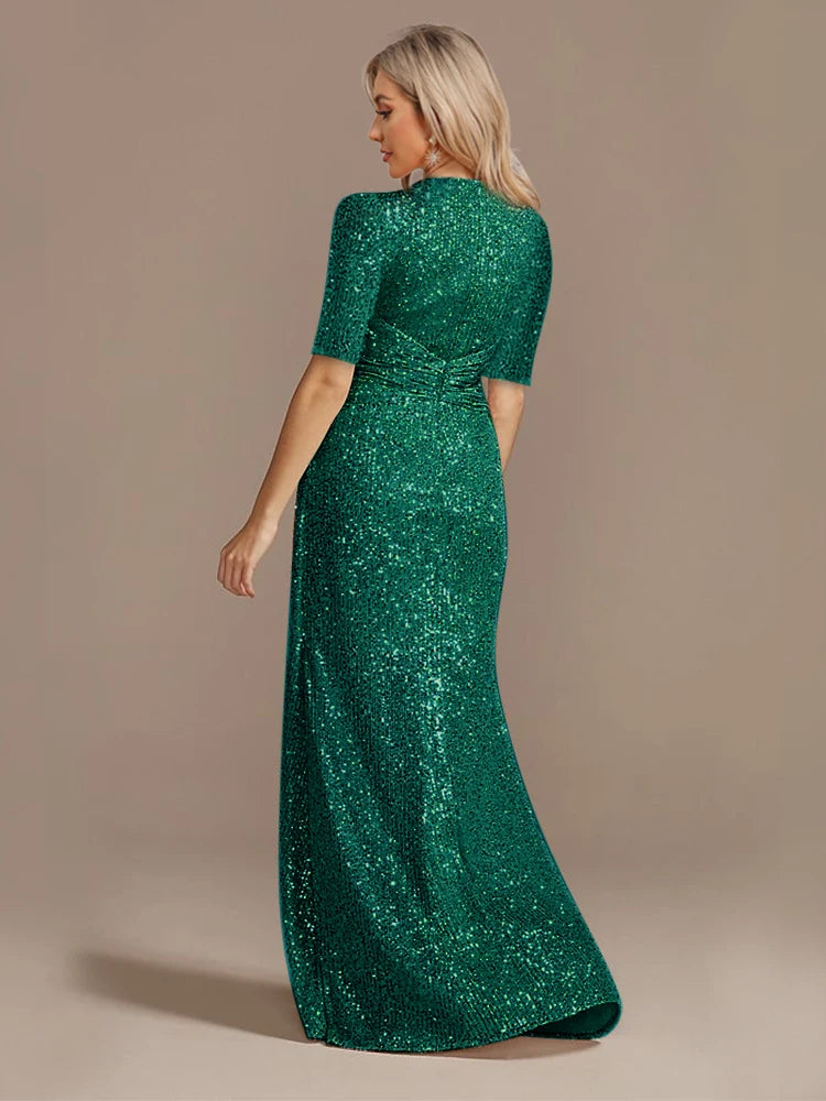 Short Sleeve V-Neckline Floor Length Evening Dress - Sequin Mother of the Bride Dress