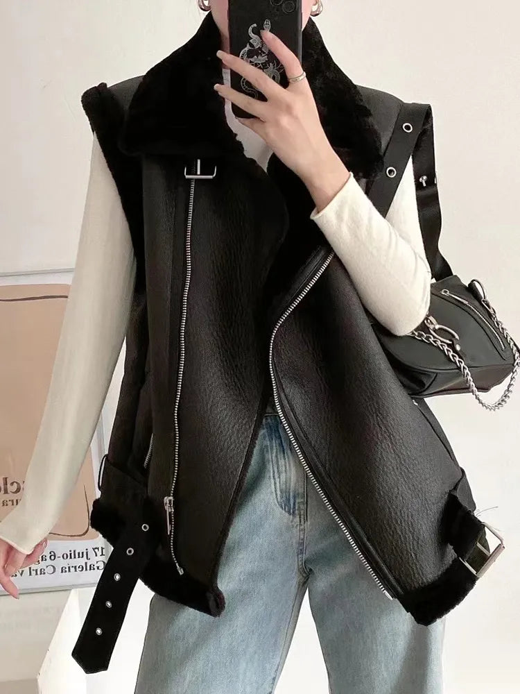 Women's Faux Leather Fur Vest Coat with Belt