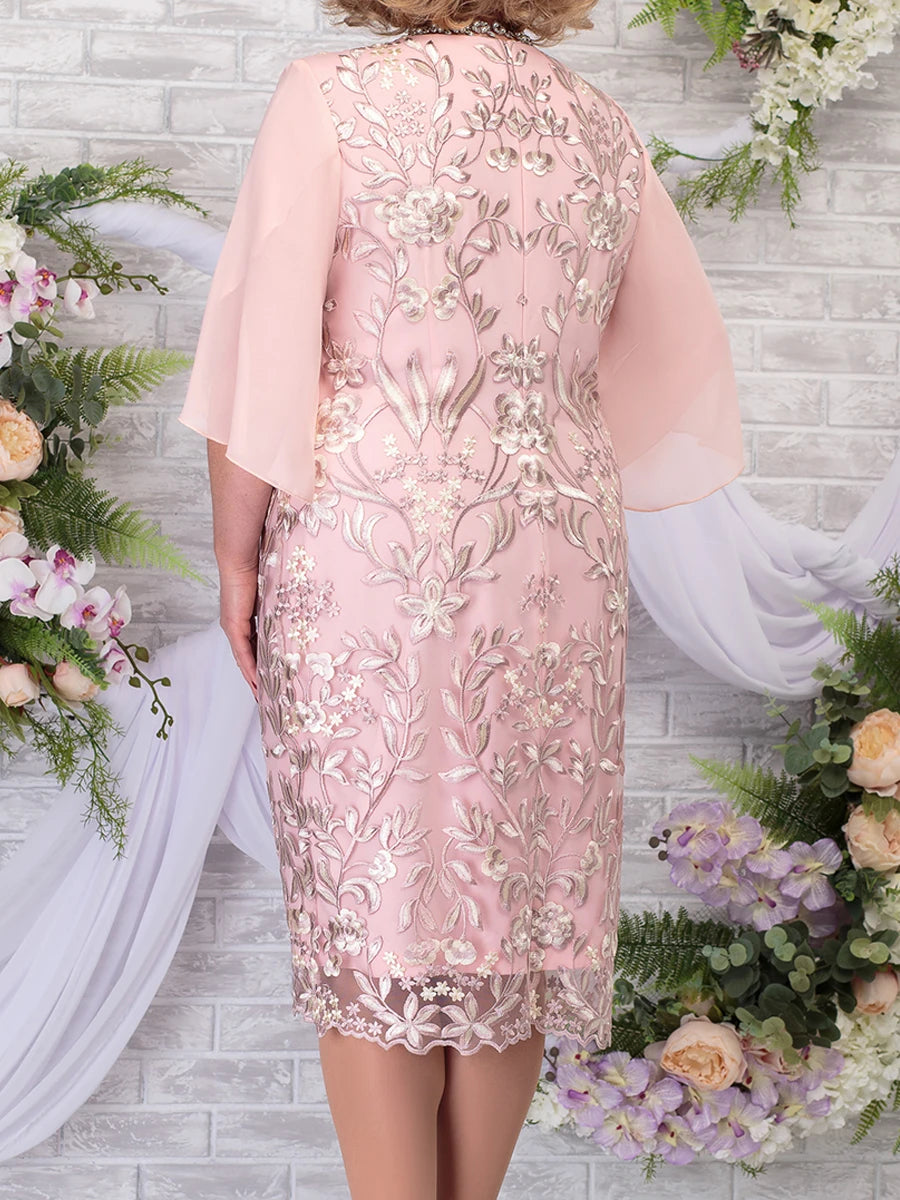 Mother of the Bride Flared Sleeves Embroidered Lace Dress