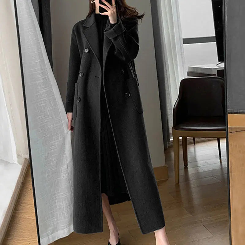 Women's Long Winter Coat with Belt and Pockets