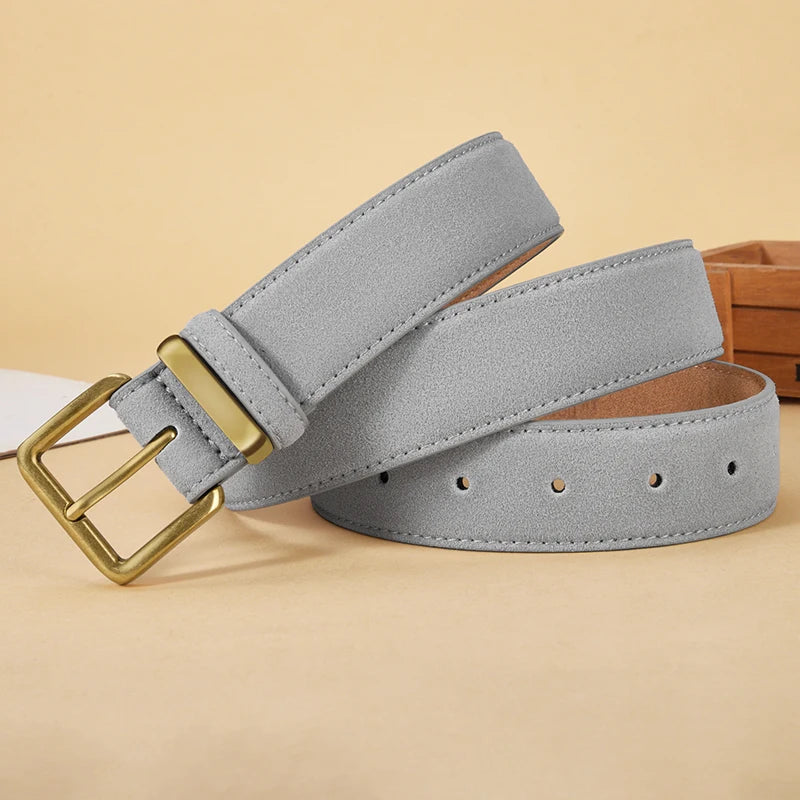 100% Suede Leather Belt for Women & Men with Gold Buckle