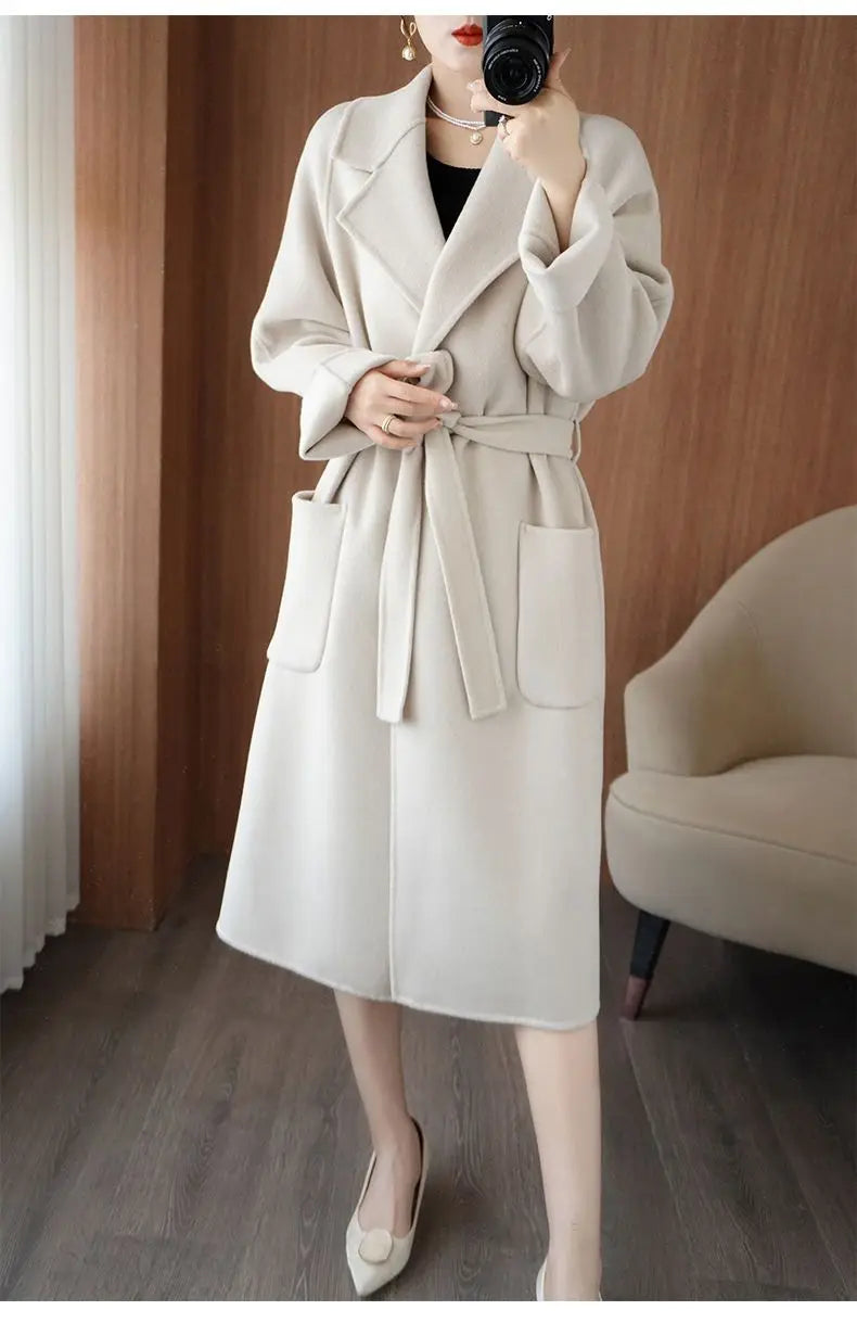 100% Cashmere-Wool Blend Belted Long Overcoat