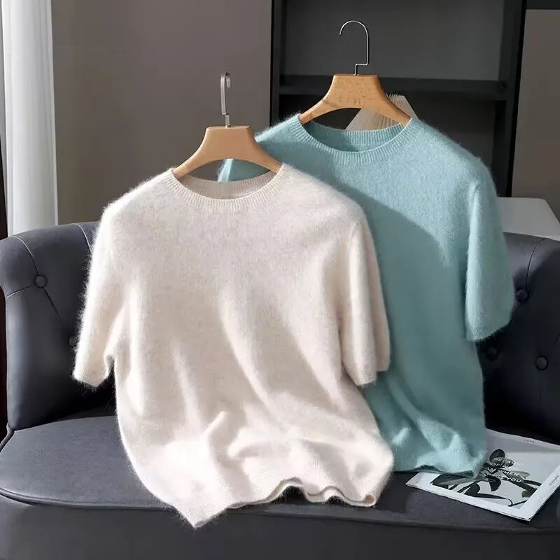 100% Mink Cashmere Round Neck Knitted T-Shirt Sweater