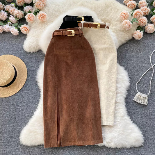 Side Split High Waist Corduroy Pencil Skirt