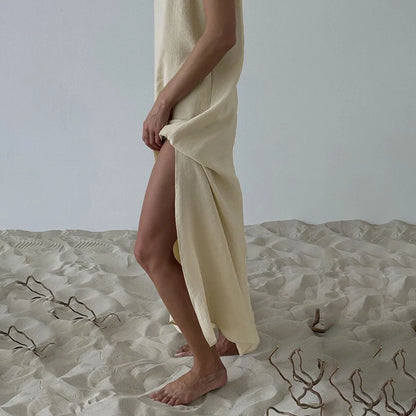 Lined Casual Long Back Deep V Dress