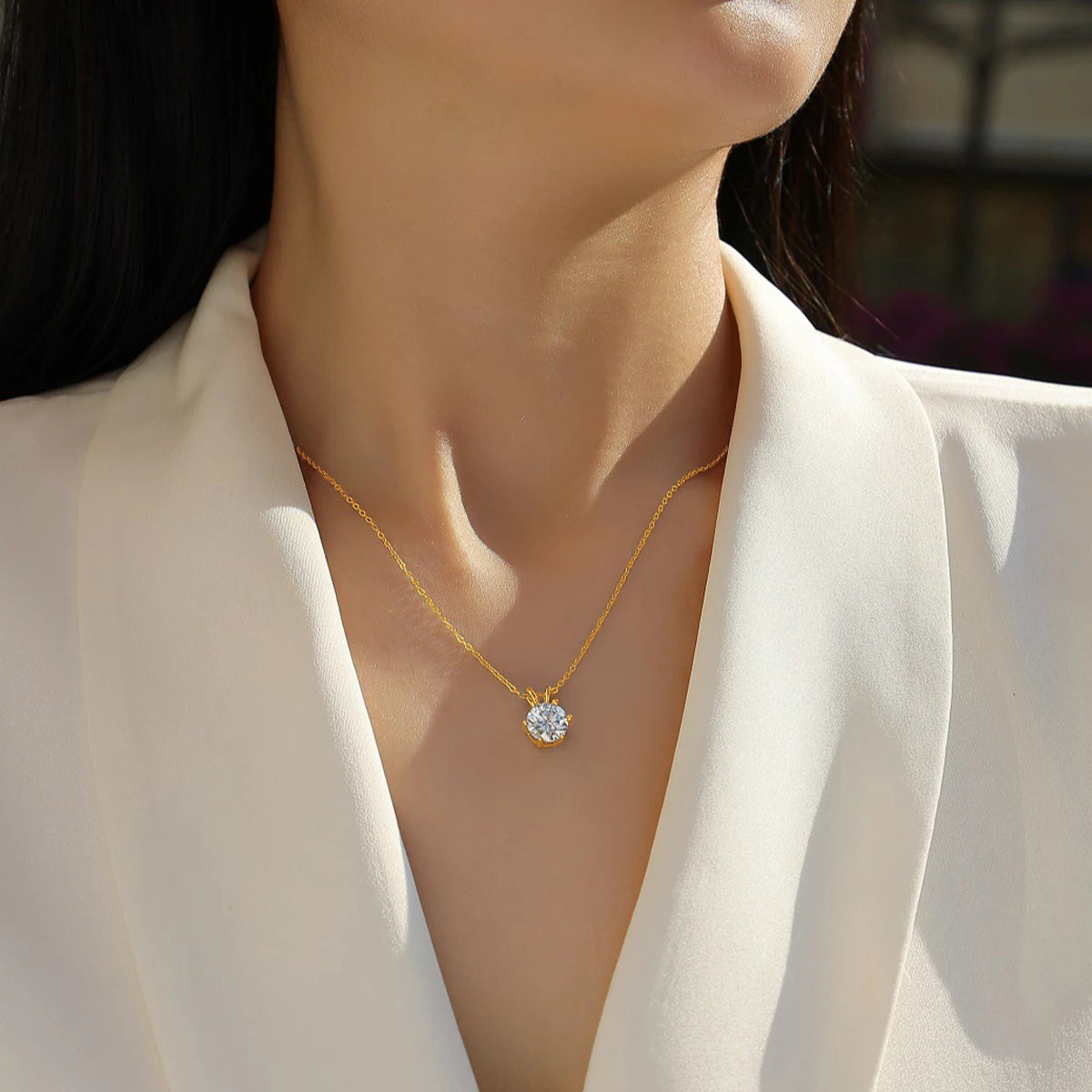 Real 14k Gold Pendant Round Cut Moissanite Necklace