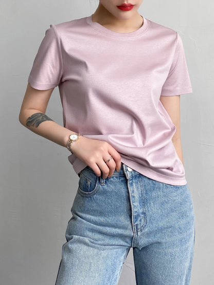 Mulberry Silk Solid Color Round Neckline T-Shirt