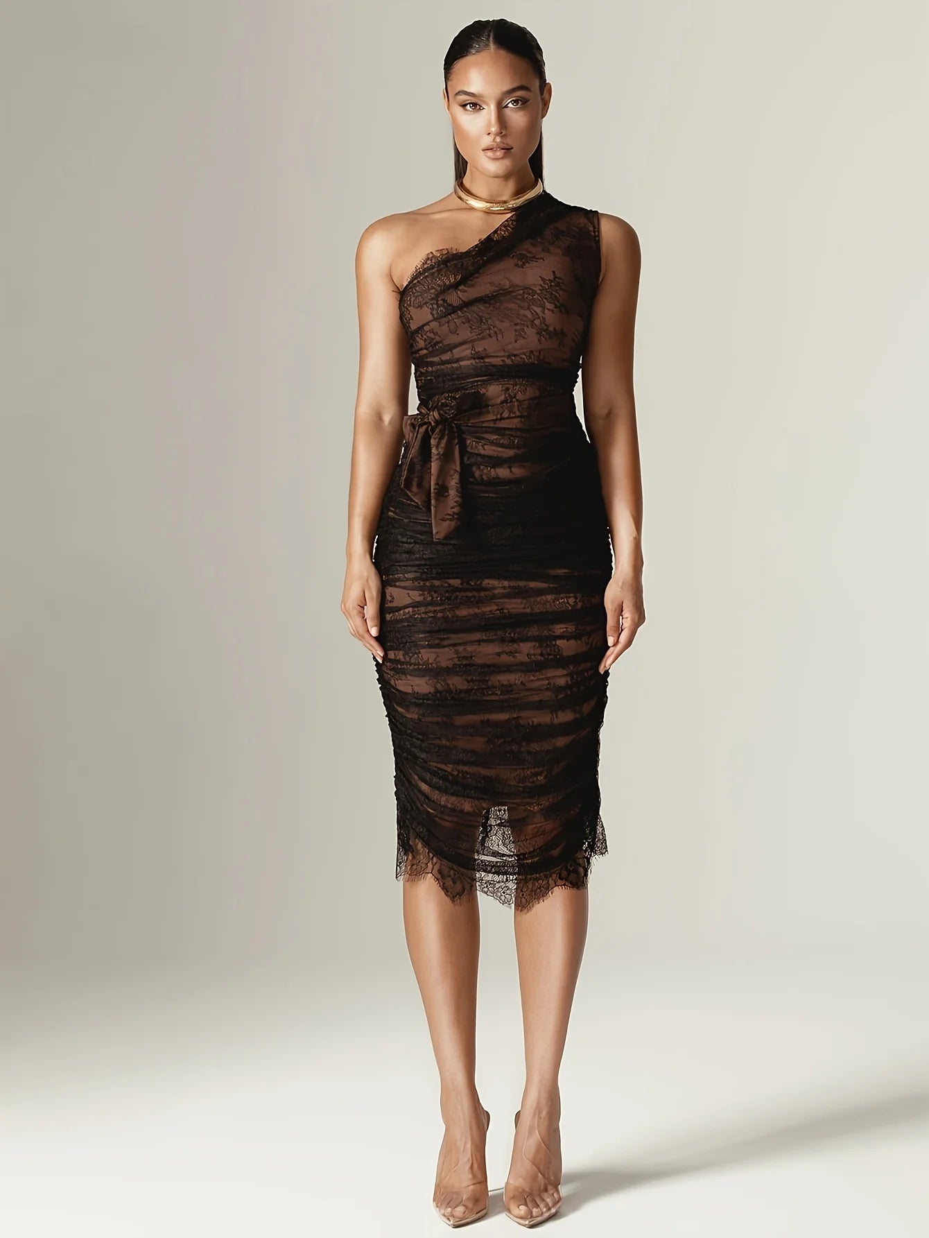 One-Shoulder Midi Lace Black Dress