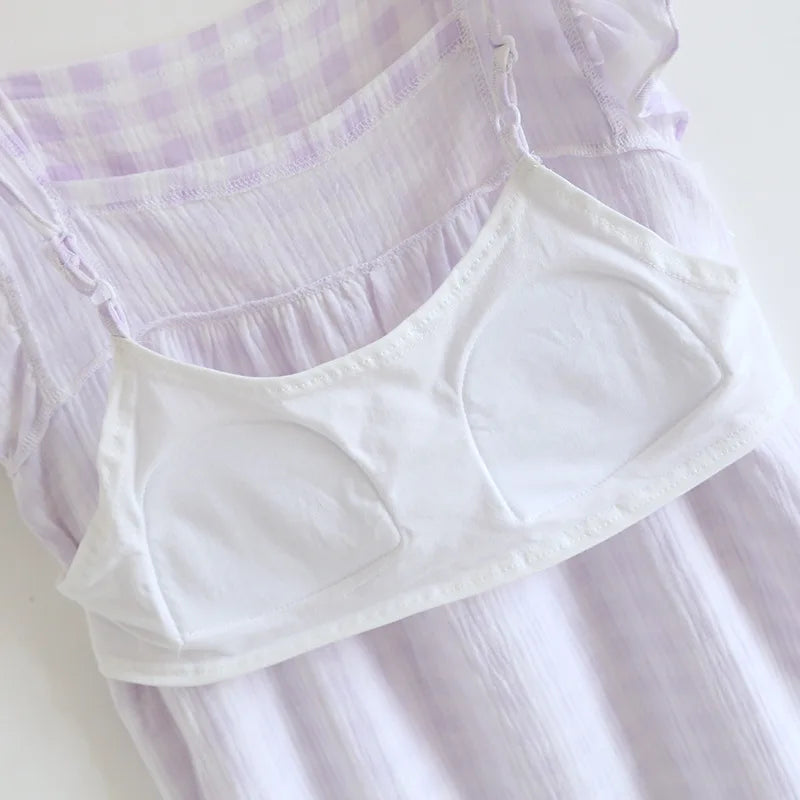 100% Pure Cotton Home Dress Plaid Nightgown with Built-in Bra