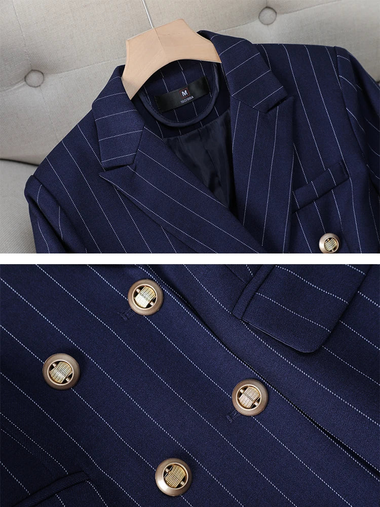 Navy Blue Striped Blazer and Trousers Suit