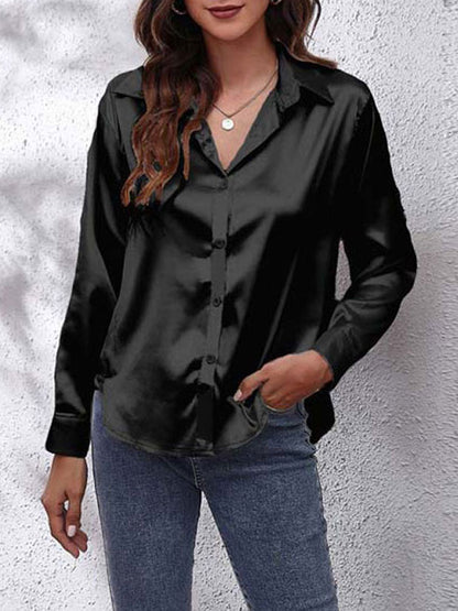 Loose Fit Satin Long Sleeve Button Up Blouse Shirt