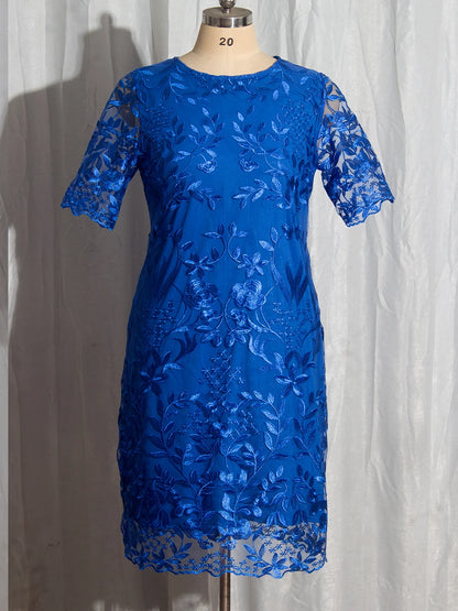 Mother of the Bride Floral Embroidered Lace Blue Dress