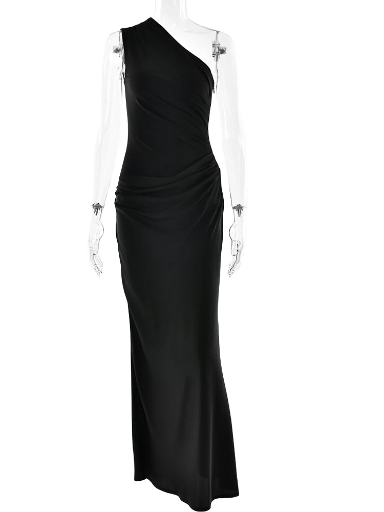 One Shoulder Patchwork Satin Floor Length Dress