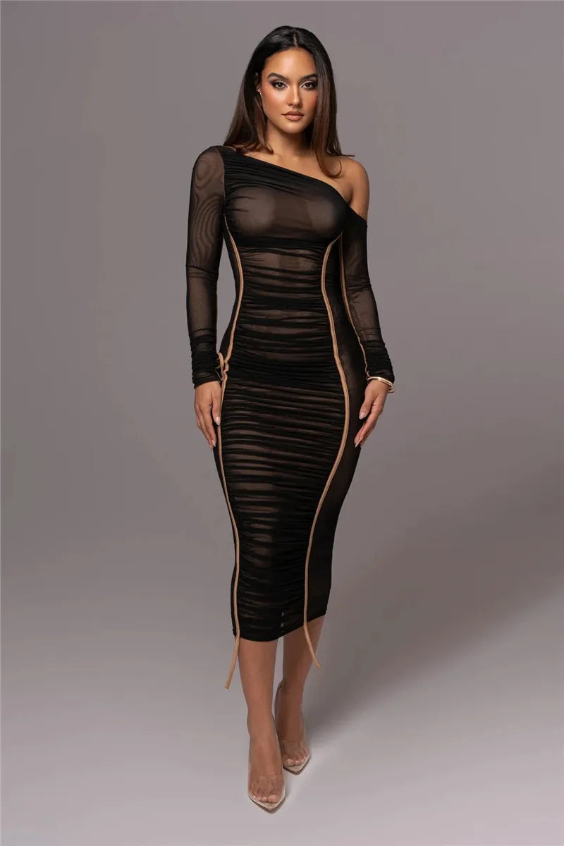 Long Sleeves Two Layer Mesh Midi Bodycon Dress