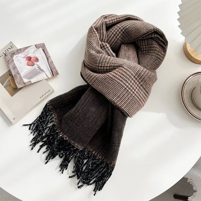 Double-Sided Cashmere Plaid Scarf With Tassel