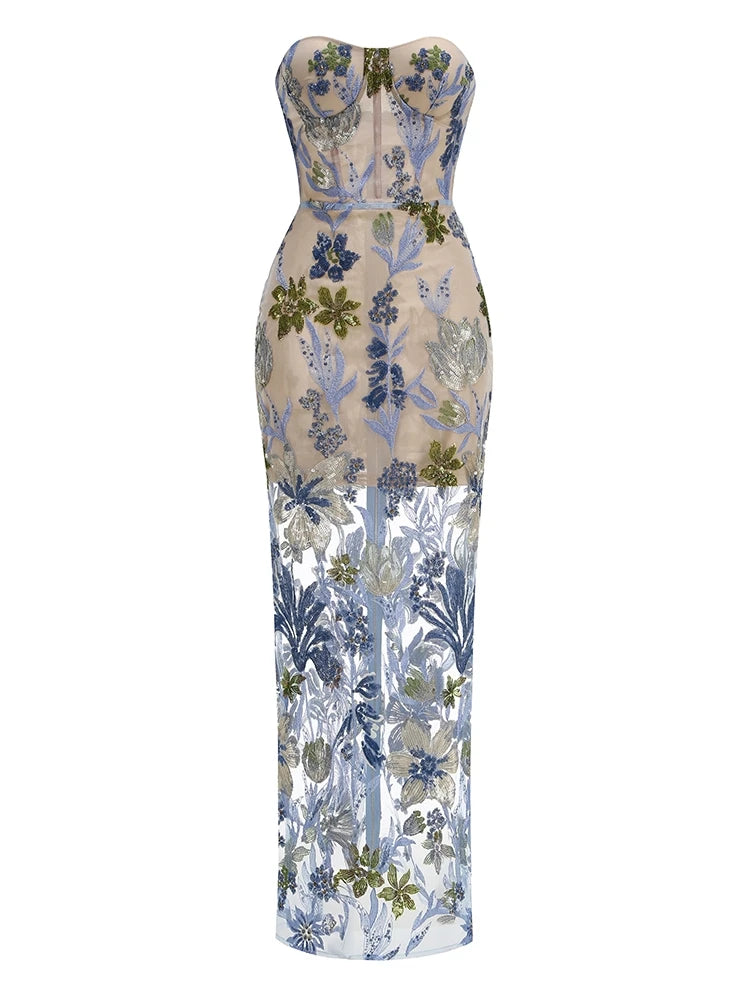 Strapless Sequin Floral Long Dress – Ankle-Length Gown