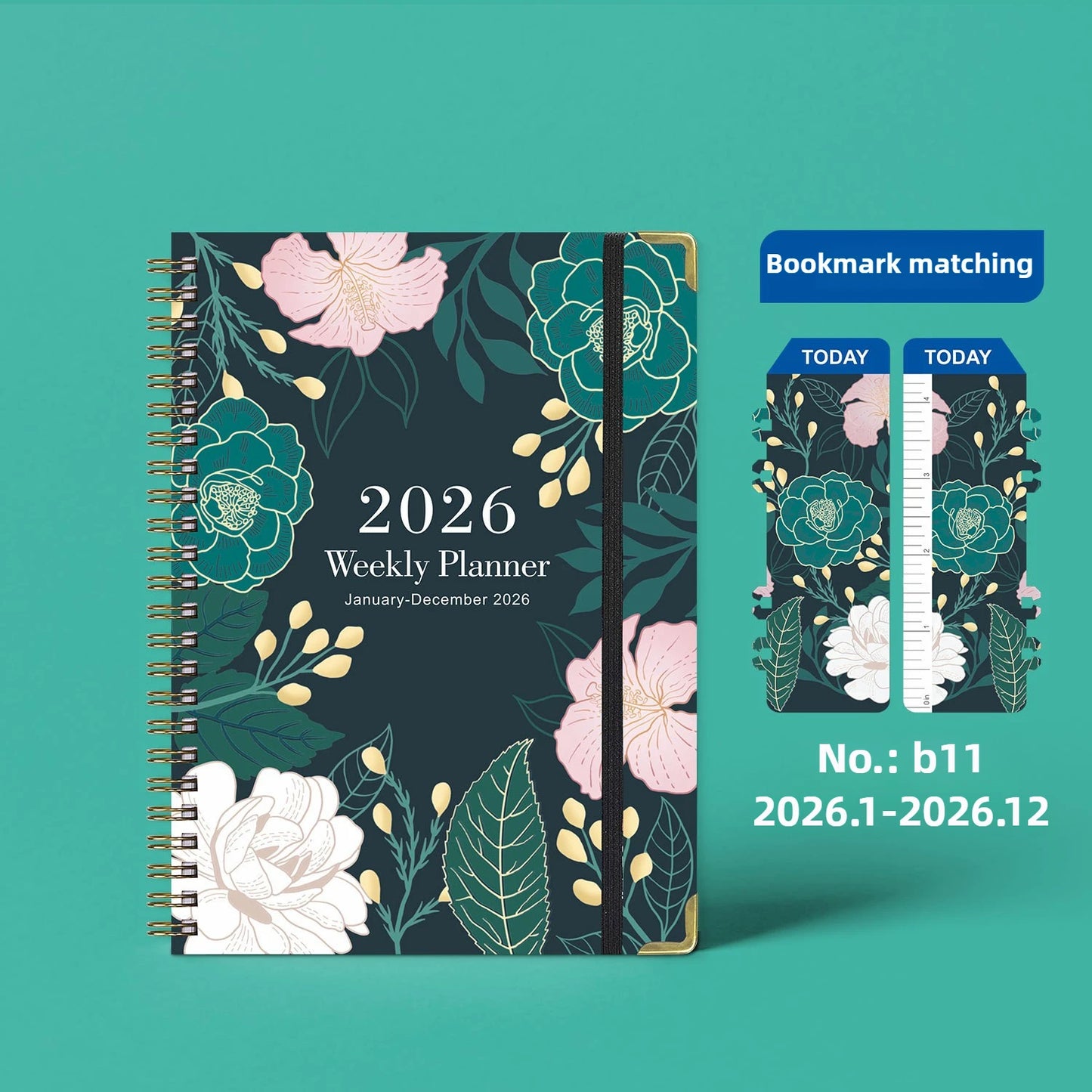 Flowers Design 2026 Weekly / Monthly Planner - A5 Agenda with Matching Bookmark