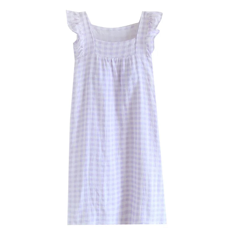 100% Pure Cotton Home Dress Plaid Nightgown with Built-in Bra