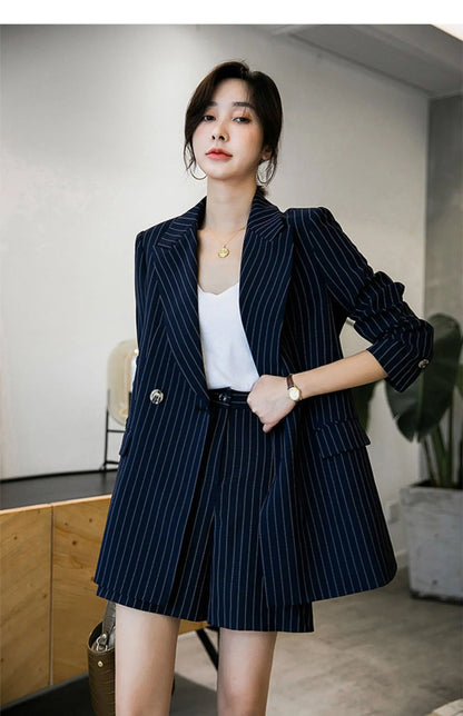 Navy Blue Striped Loose Cut Blazer and Shorts Suit