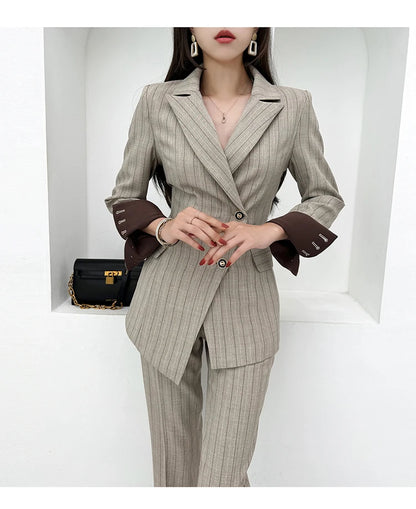 Women’s Khaki Striped Slim-Fit Suit – Tailored Blazer with Foldable Cuffs