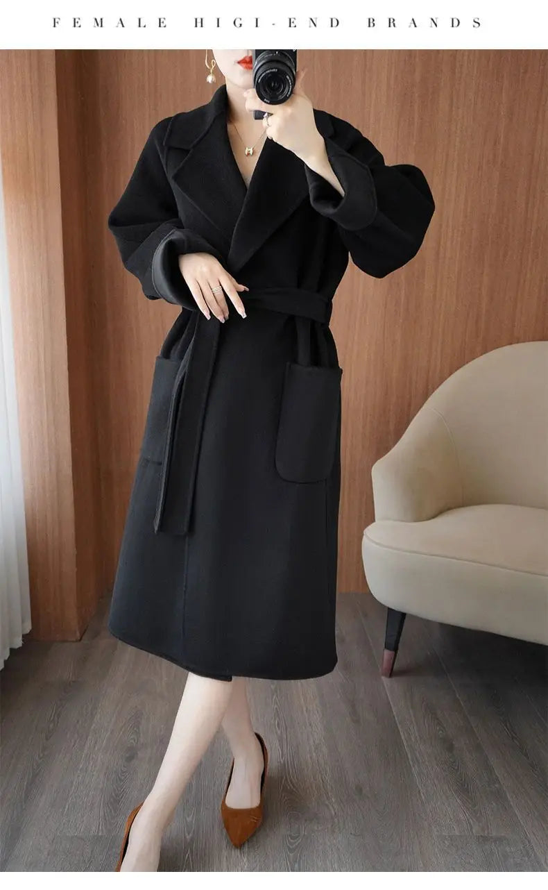 100% Cashmere-Wool Blend Belted Long Overcoat