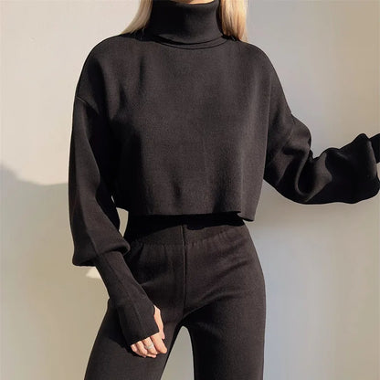 High Neckline Crop Top with Trousers Set