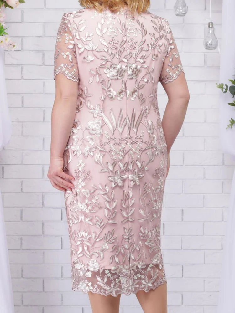 Mother of the Bride Short Sleeve Embroidered Detail Dress