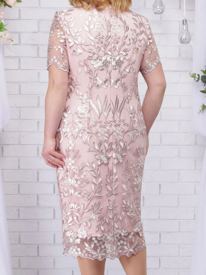 Mother of the Bride Short Sleeve Embroidered Detail Dress