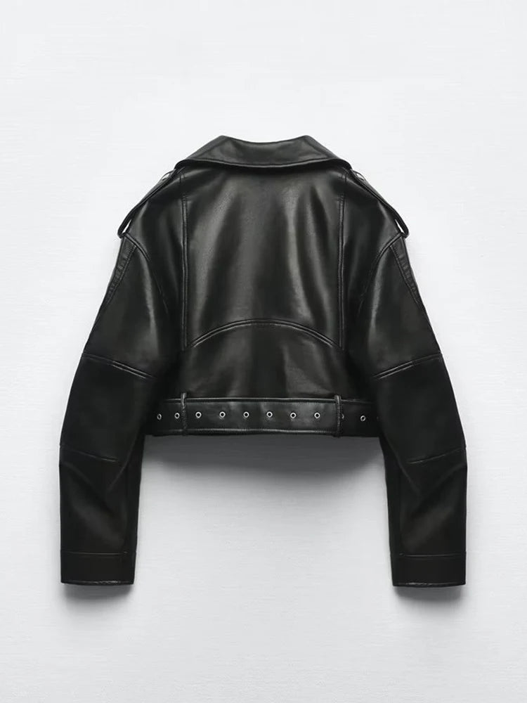 Black Cropped Leather Jacket With Belt