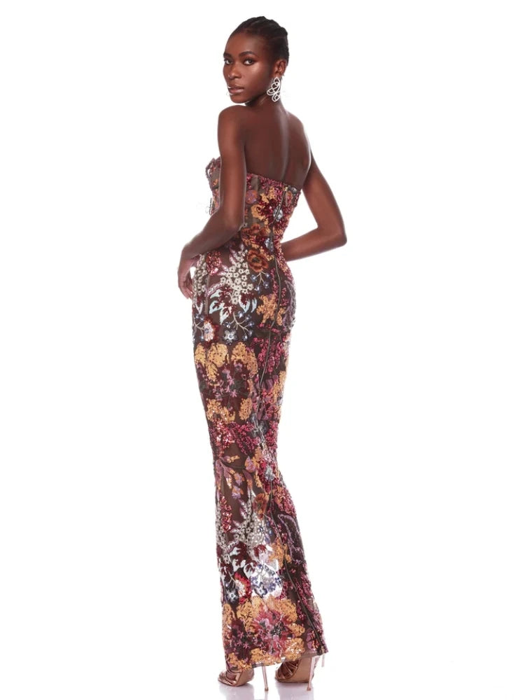 Strapless Sequin Floral Long Dress – Ankle-Length Gown