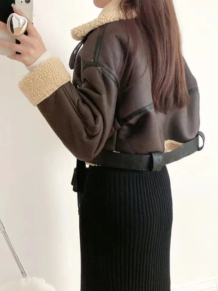 Fur Details Leather Cropped Jacket with Belt