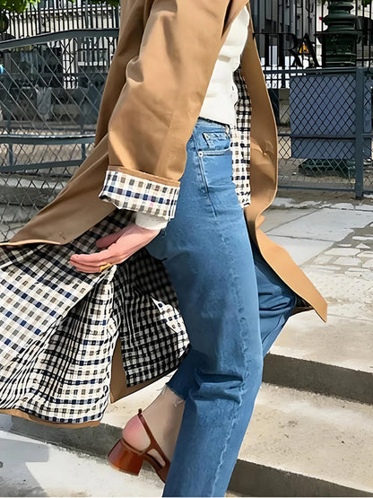 Single-Breasted Plaid Details Trench Coat