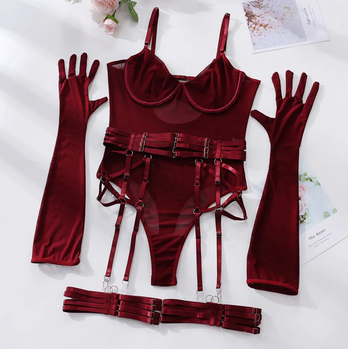 6 Pcs Lace Bodysuit Lingerie Set With Gloves, Leg and Waist Straps - Lingerie Bodysuit