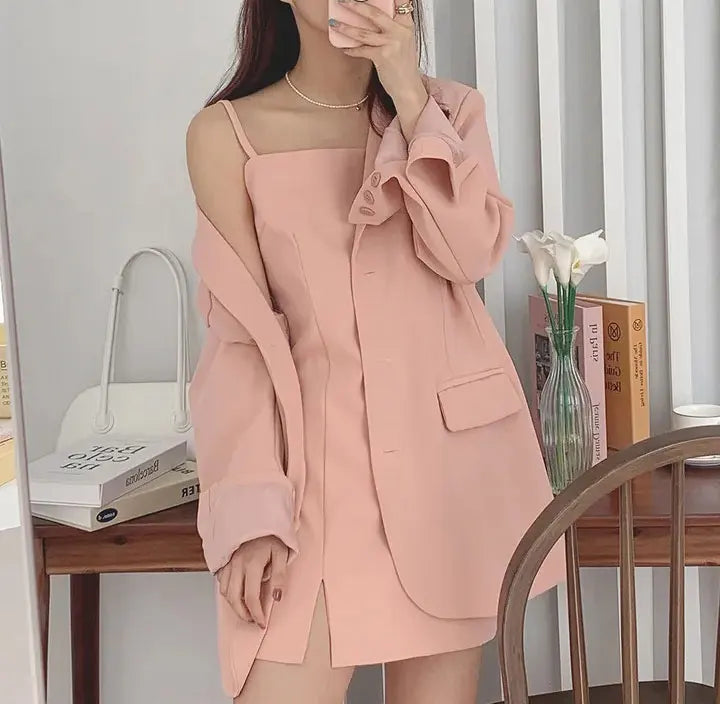 Blazer and Spaghetti Strap Short Dress Suit