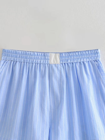 Sky Blue Striped Crop Shirt and Boxer Shorts Set