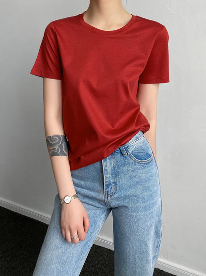 Mulberry Silk Solid Color Round Neckline T-Shirt