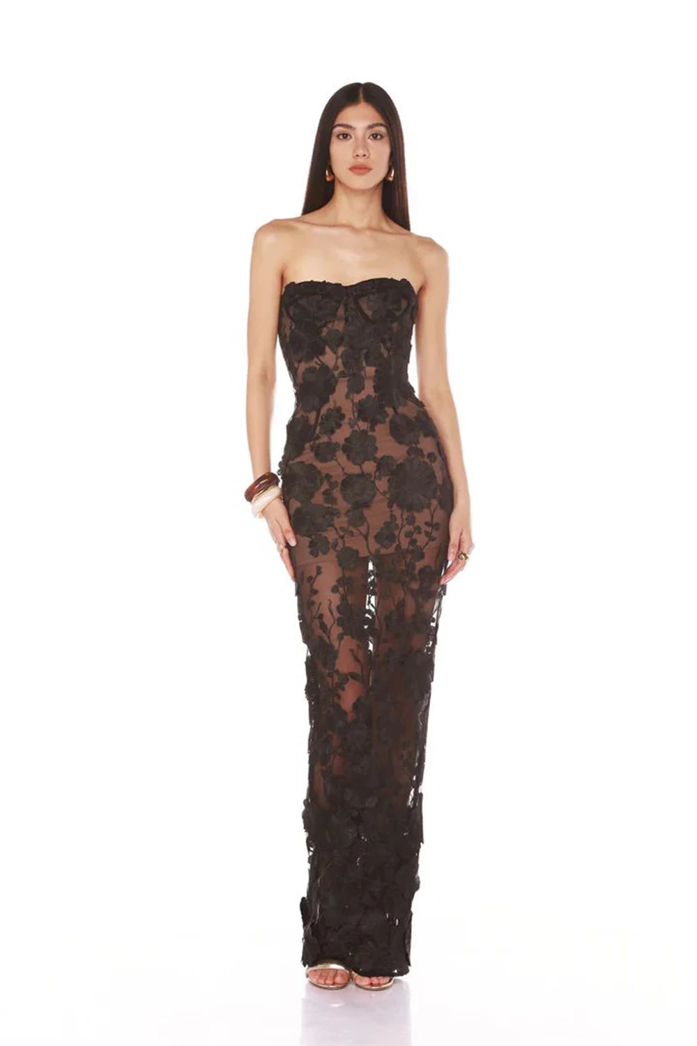 Strapless Embroidered Floral Long Dress