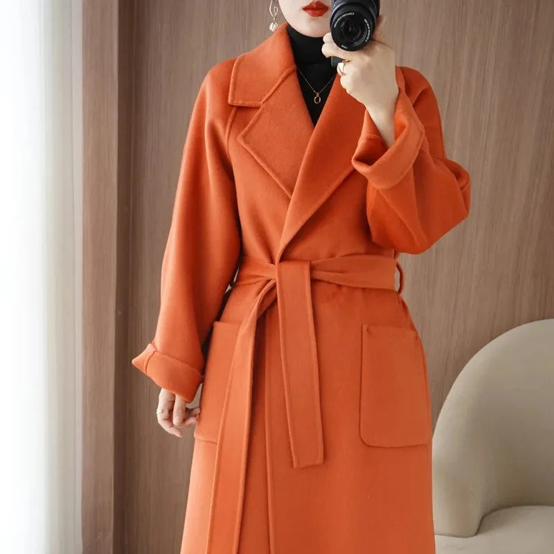 100% Cashmere-Wool Blend Belted Long Overcoat